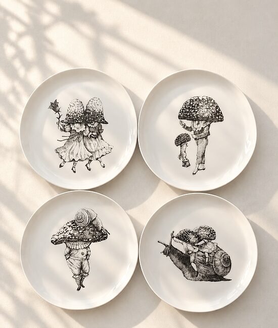Četru porcelāna šķīvju komplekts ar oriģinālām ilustrācijām