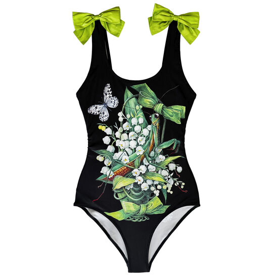 Melns viengabala peldkostīms ar printu “Lūdzējvabole maijpuķītēs”